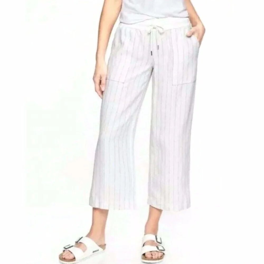 Athleta Women's Bali White Striped 100% Linen Pants‎ Elastic Waist